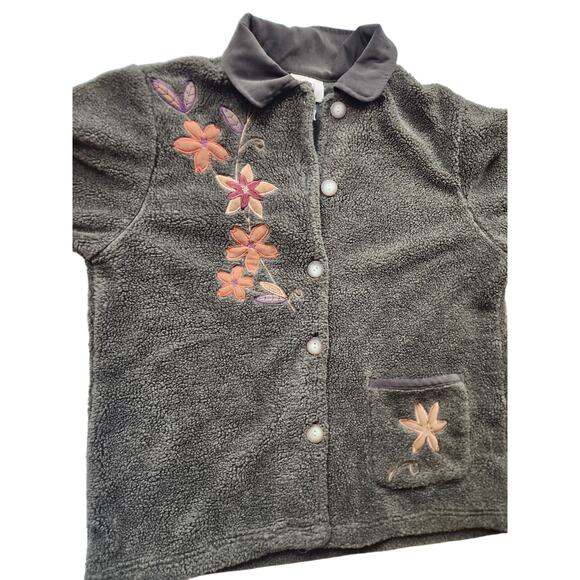 Teddi Floral Embroidered Sherpa Fleece Jacket Women Large Cozy Fall Cottagecore - Picture 10 of 15